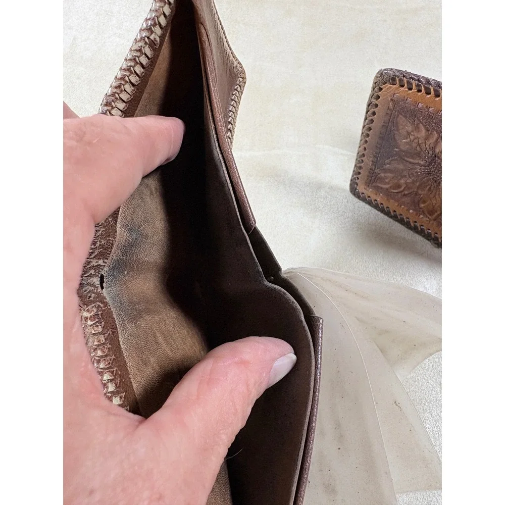 Vintage Hand Tooled Leather Wallet Set Mens Floral Western Bifold Whipstitch 2pc